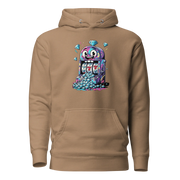 Tan hoodie with colorful slot machine graphic, diamonds, and lucky 7s for casino fans