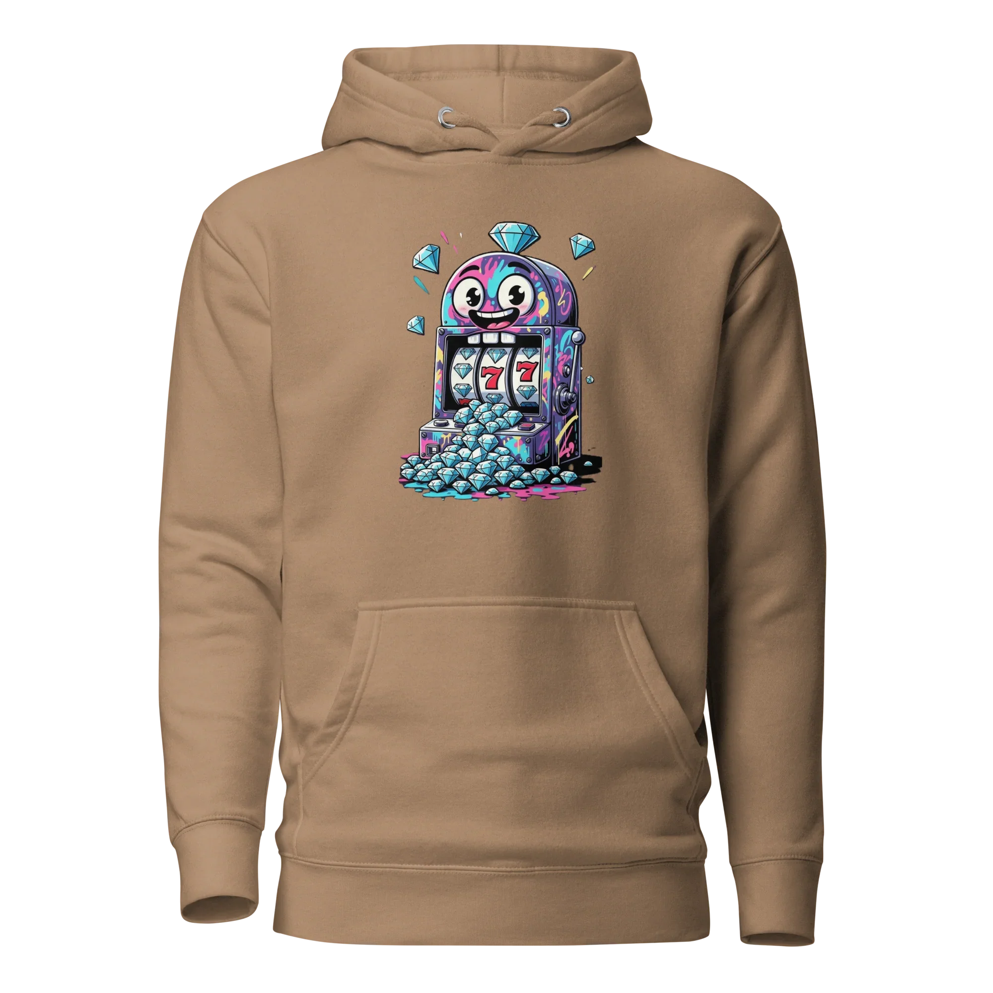 Tan hoodie with colorful slot machine graphic, diamonds, and lucky 7s for casino fans