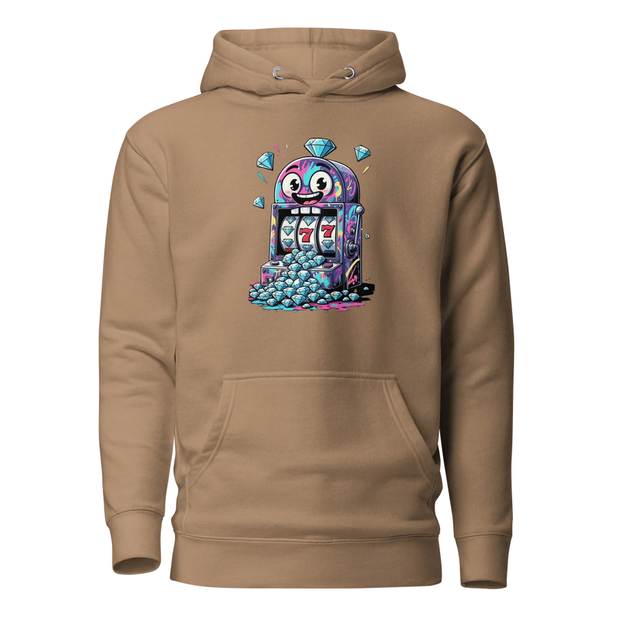 Tan hoodie with colorful slot machine graphic, diamonds, and lucky 7s for casino fans