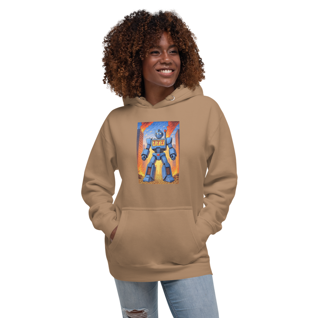 Tan hoodie with robot slot machine graphic, 777 design, quirky gaming apparel for players