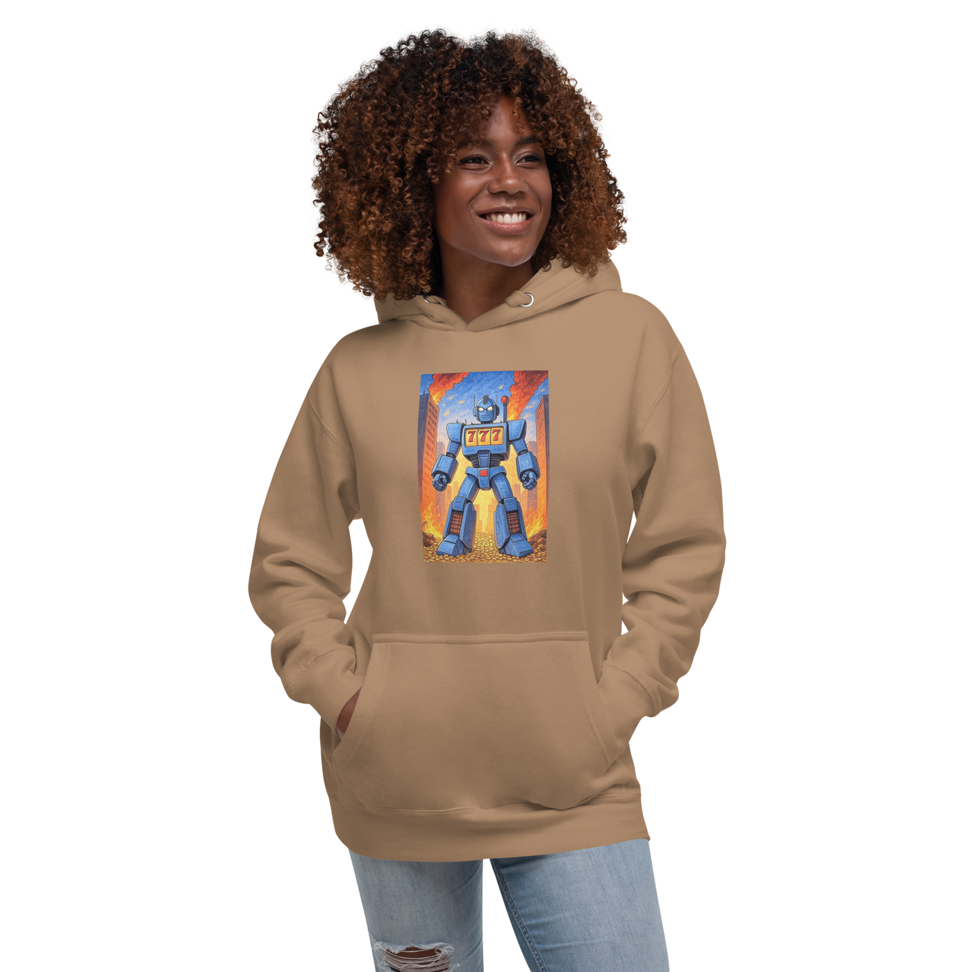 Tan hoodie with robot slot machine graphic, 777 design, quirky gaming apparel for players