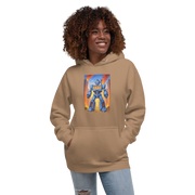 Tan hoodie with robot slot machine graphic, 777 design, quirky gaming apparel for players