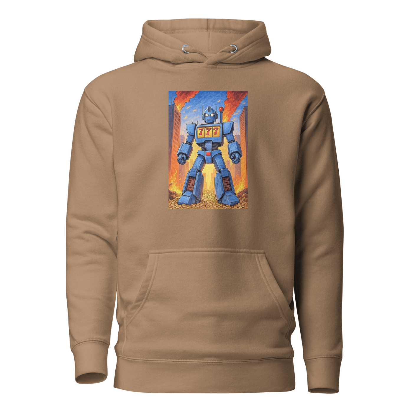 Tan hoodie with blue robot graphic featuring 777 slot machine theme, coins, and cityscape background