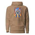 Tan hoodie with blue robot graphic featuring 777 slot machine theme, coins, and cityscape background