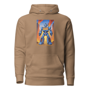 Tan hoodie with blue robot graphic featuring 777 slot machine theme, coins, and cityscape background