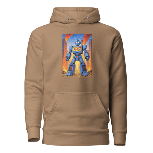 Tan hoodie with blue robot graphic featuring 777 slot machine theme, coins, and cityscape background