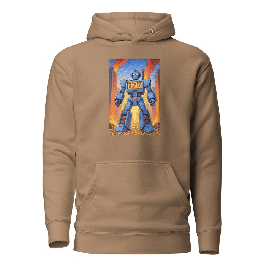 Tan hoodie with blue robot graphic featuring 777 slot machine theme, coins, and cityscape background