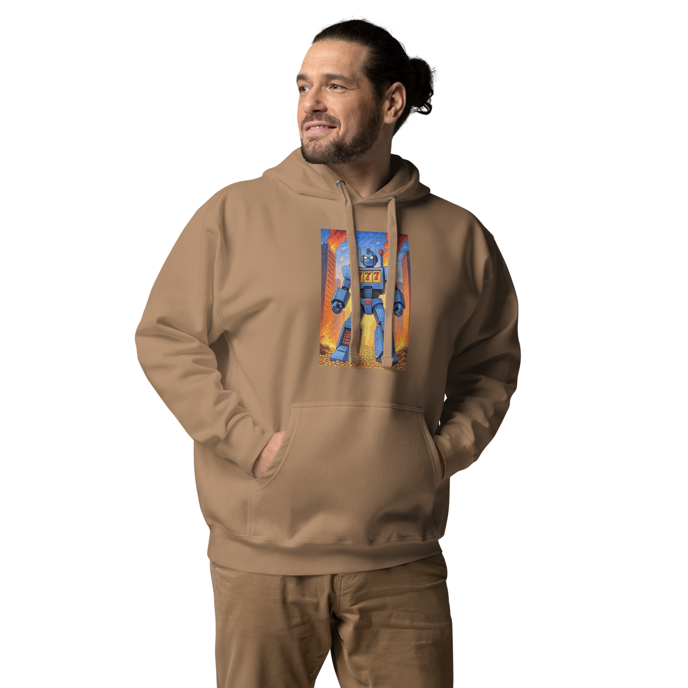 Tan hoodie with blue robot and 777 slot machine design, quirky gaming apparel