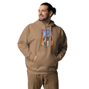 Tan hoodie with blue robot and 777 slot machine design, quirky gaming apparel