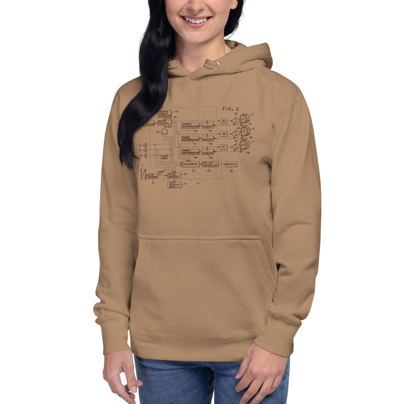 Tan hoodie with slot machine schematic design, perfect for casino enthusiasts and gaming fans