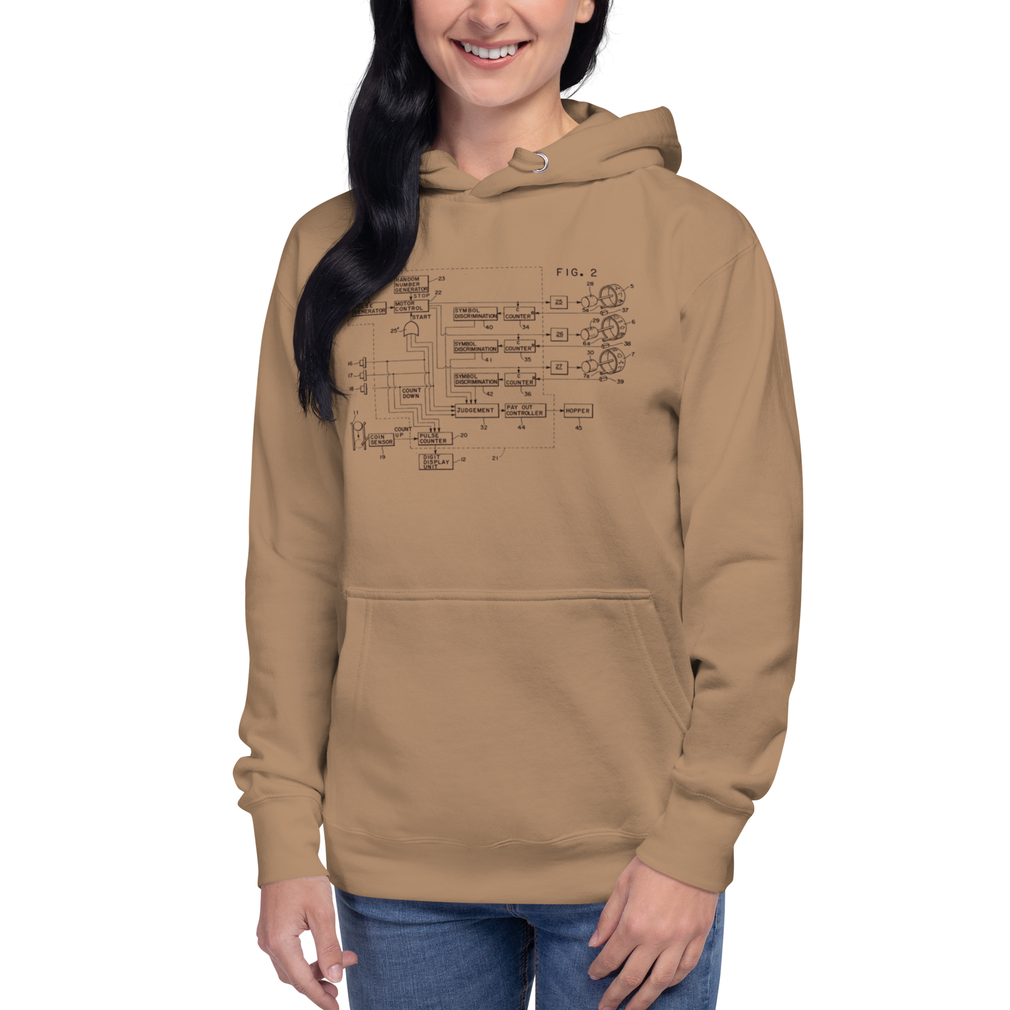 Tan hoodie with slot machine schematic design, perfect for casino enthusiasts and gaming fans