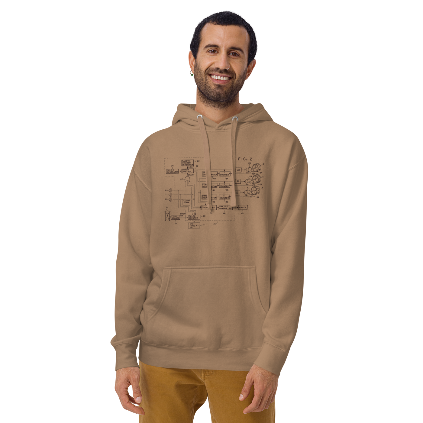 Tan hoodie with slot machine schematic design, featuring quirky tech-inspired graphics for gaming enthusiasts