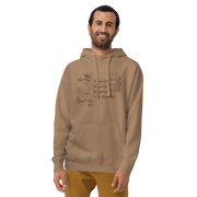 Tan hoodie with slot machine schematic design, featuring quirky tech-inspired graphics for gaming enthusiasts