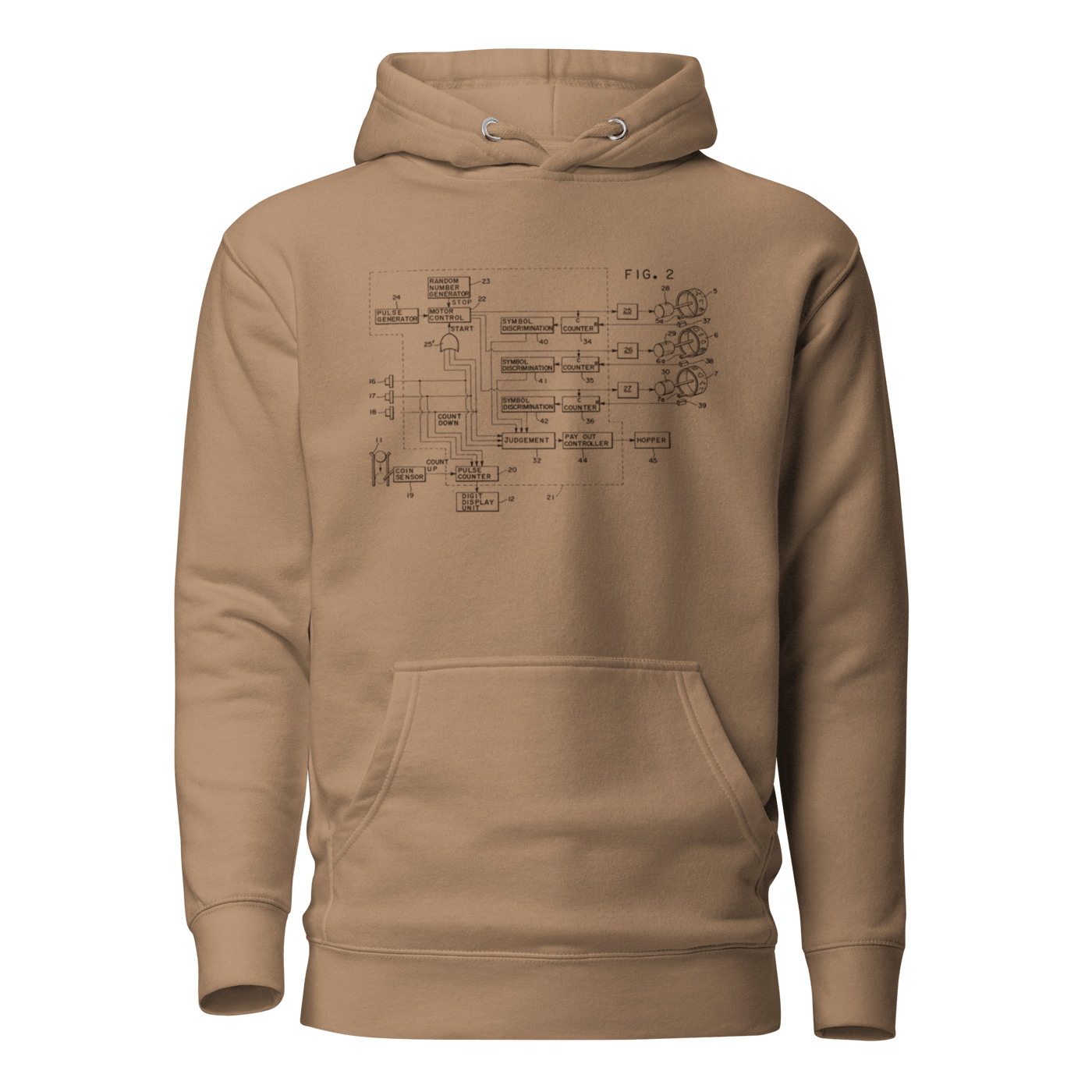 Tan hoodie with vintage slot machine schematic diagram, perfect for casino enthusiasts and gaming fans