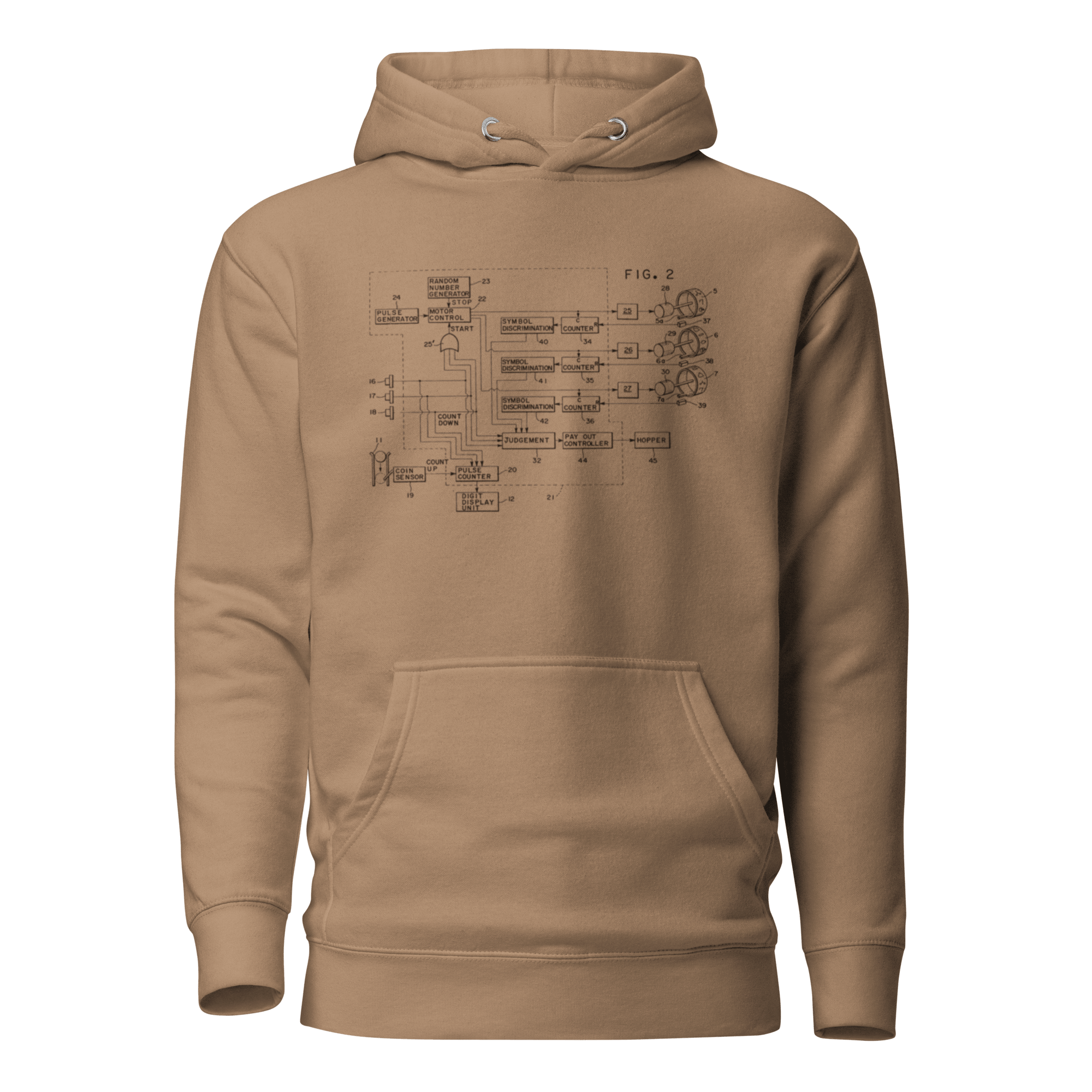 Tan hoodie with vintage slot machine schematic diagram, perfect for casino enthusiasts and gaming fans