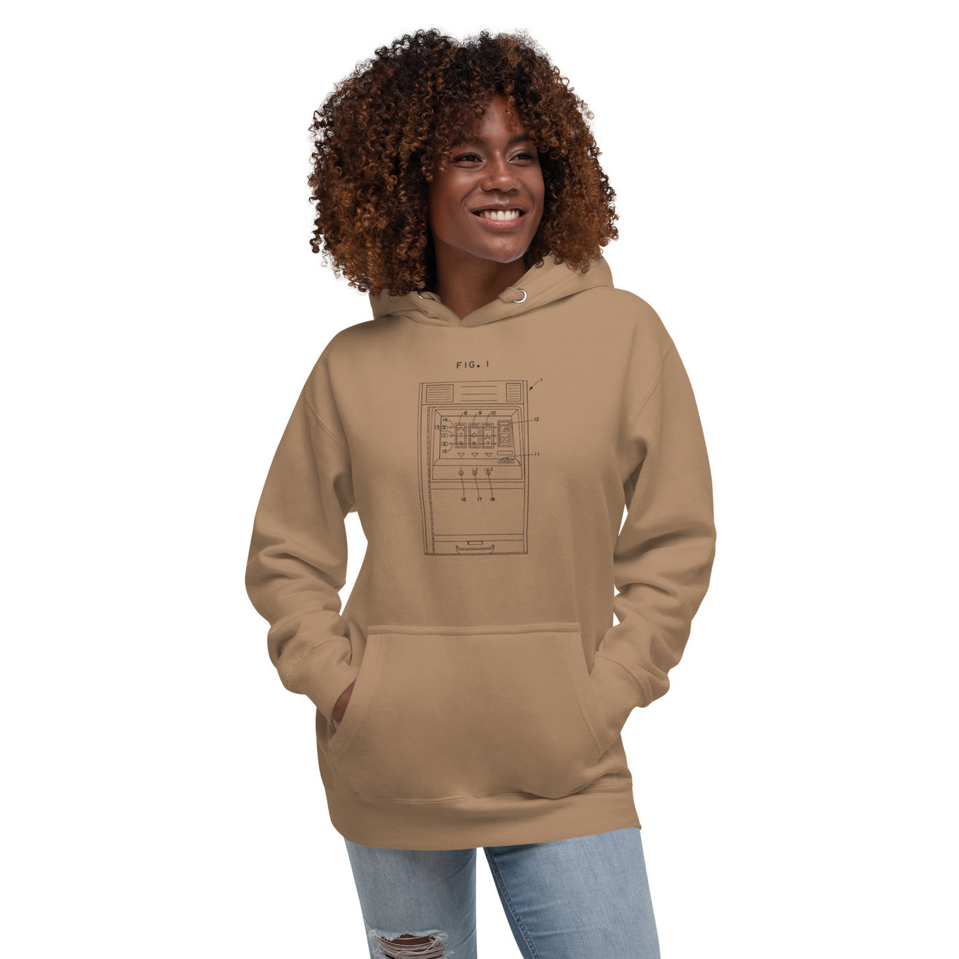 Woman wearing tan hoodie with slot machine patent diagram design, quirky gaming apparel for players