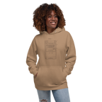 Woman wearing tan hoodie with slot machine patent diagram design, quirky gaming apparel for players