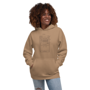 Woman wearing tan hoodie with slot machine patent diagram design, quirky gaming apparel for players