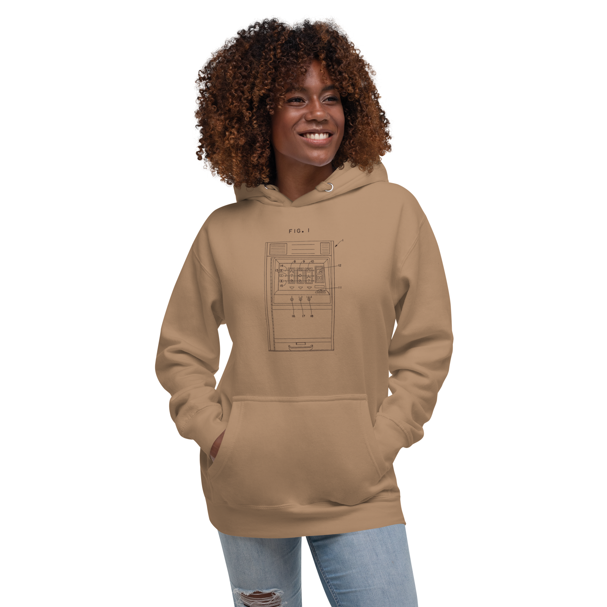 Woman wearing tan hoodie with slot machine patent diagram design, quirky gaming apparel for players