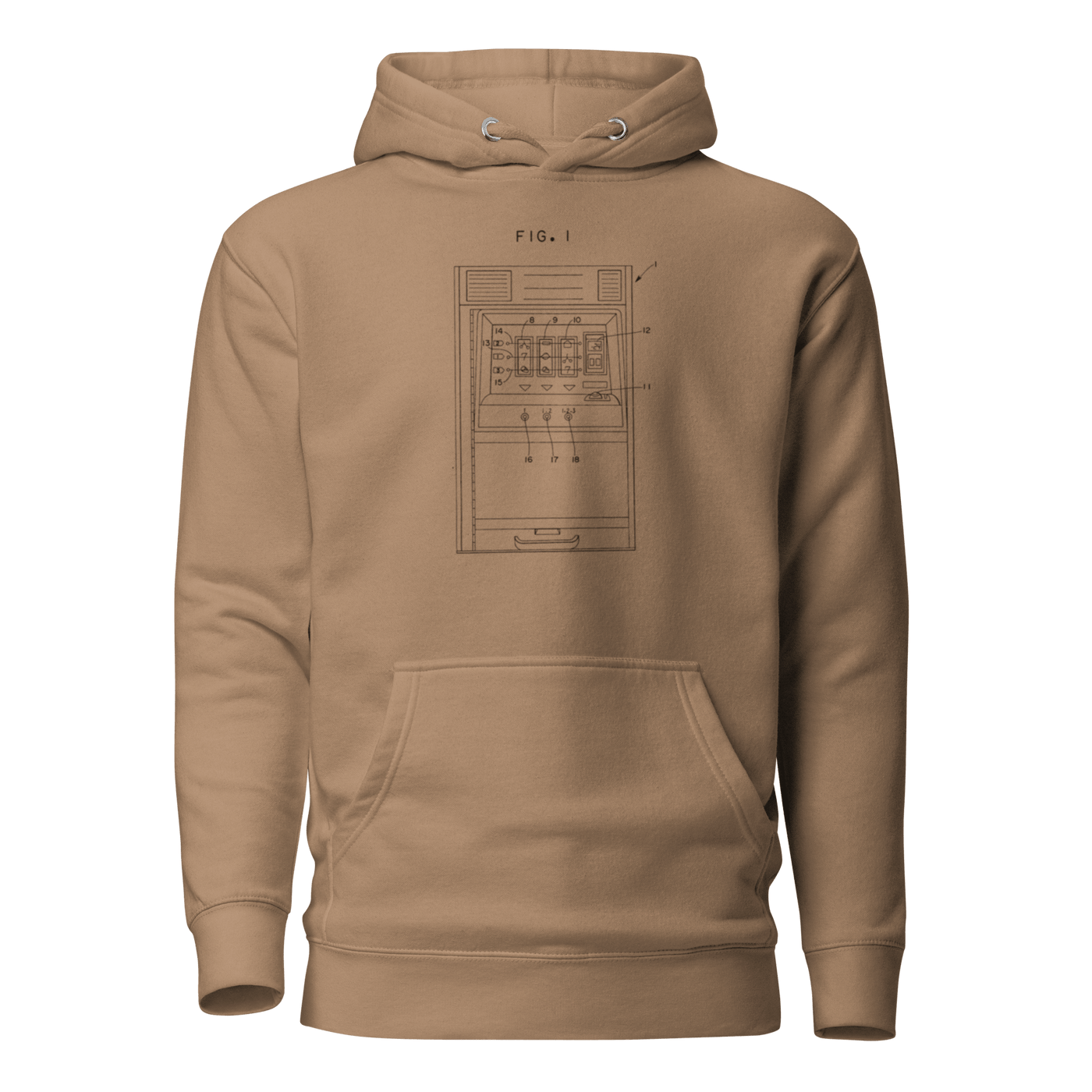Tan hoodie with vintage slot machine diagram print, FIG. 1, for casino enthusiasts and players