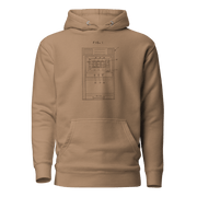 Tan hoodie with vintage slot machine diagram print, FIG. 1, for casino enthusiasts and players