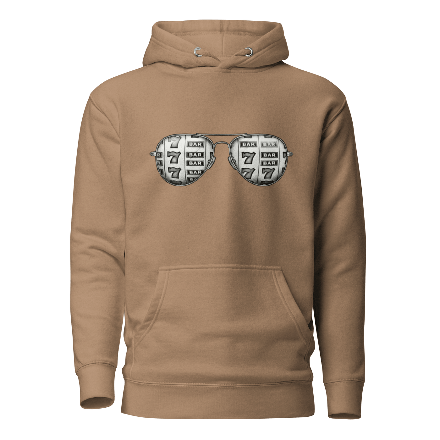 Tan hoodie with slot machine-themed aviator sunglasses design, featuring 7s and BAR symbols.
