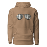Tan hoodie with slot machine-themed aviator sunglasses design, featuring 7s and BAR symbols.