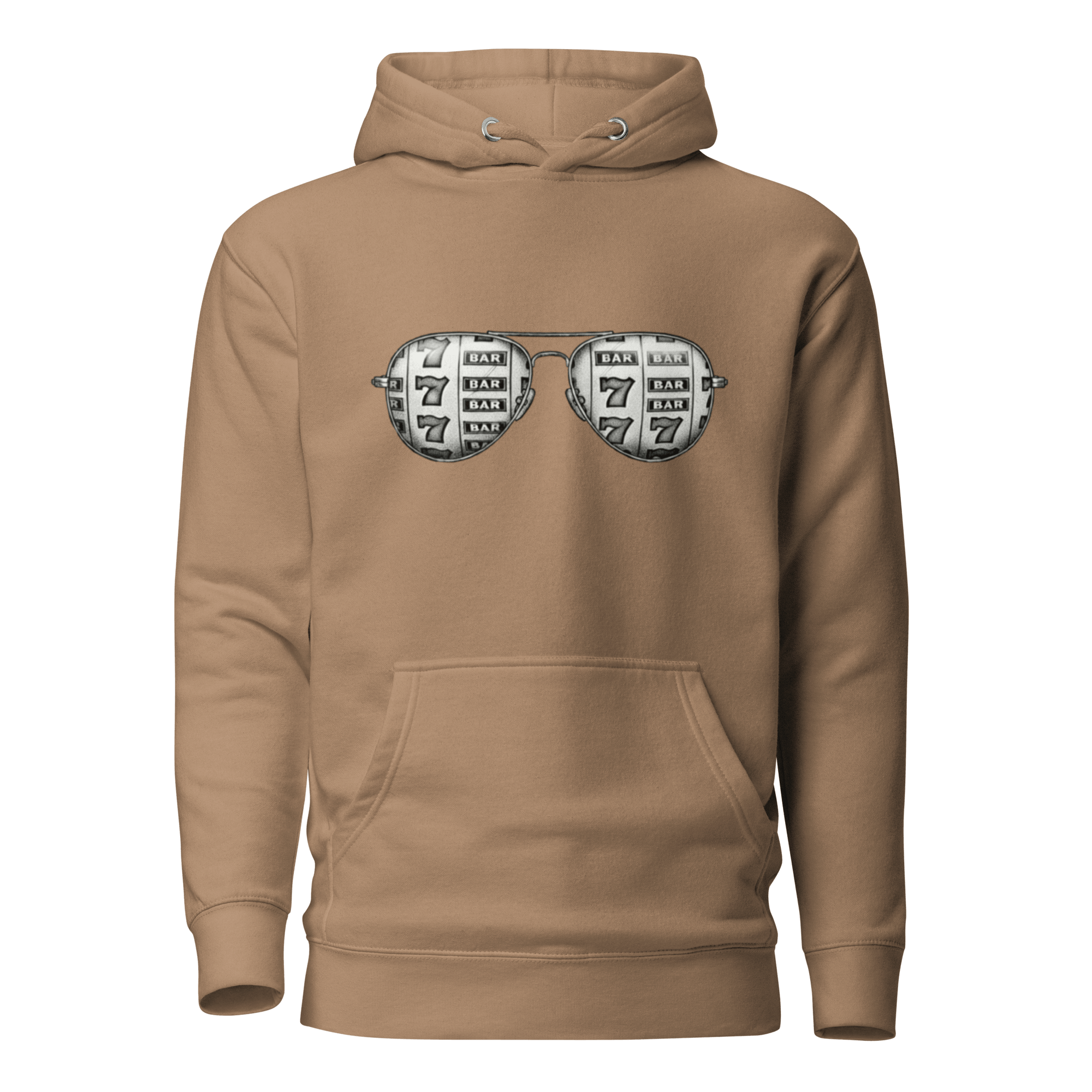 Tan hoodie with slot machine-themed aviator sunglasses design, featuring 7s and BAR symbols.