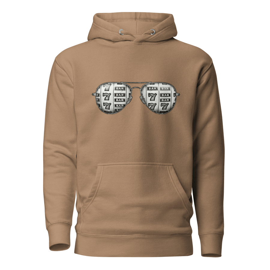 Tan hoodie with slot machine-themed aviator sunglasses design, featuring 7s and BAR symbols.