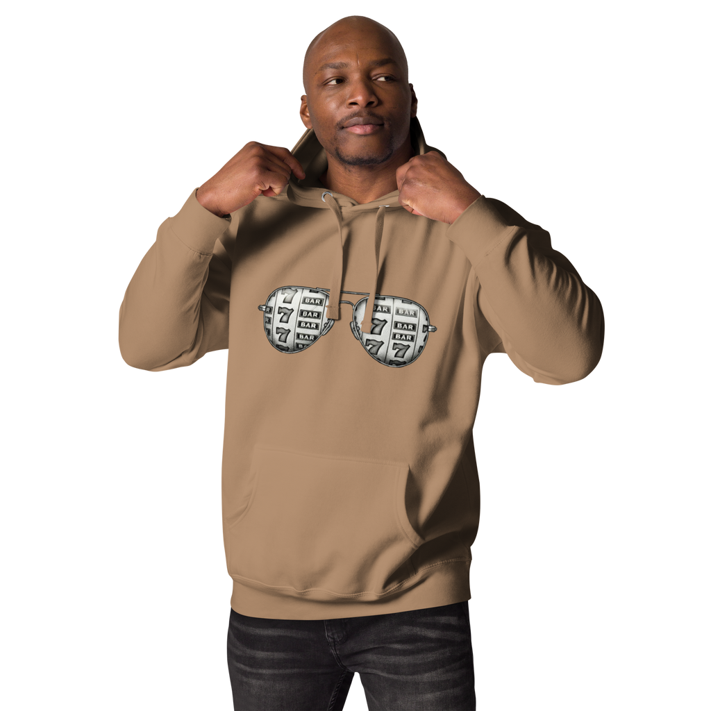 Man wearing tan hoodie with slot machine sunglasses design, perfect for casino lovers and players
