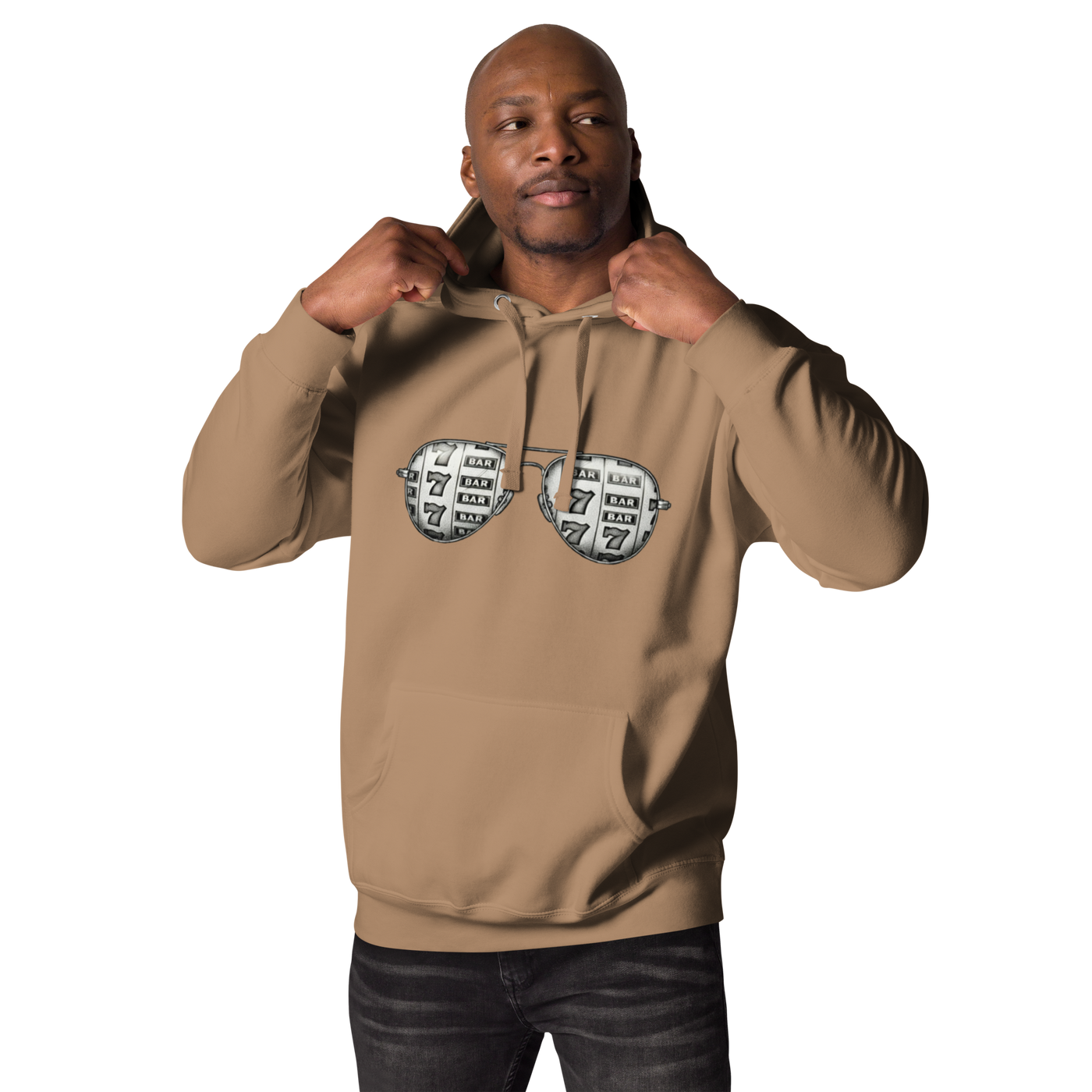 Man wearing tan hoodie with slot machine sunglasses design, perfect for casino lovers and players