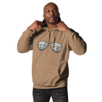 Man wearing tan hoodie with slot machine sunglasses design, perfect for casino lovers and players