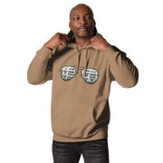 Man wearing tan hoodie with slot machine sunglasses design, perfect for casino lovers and players