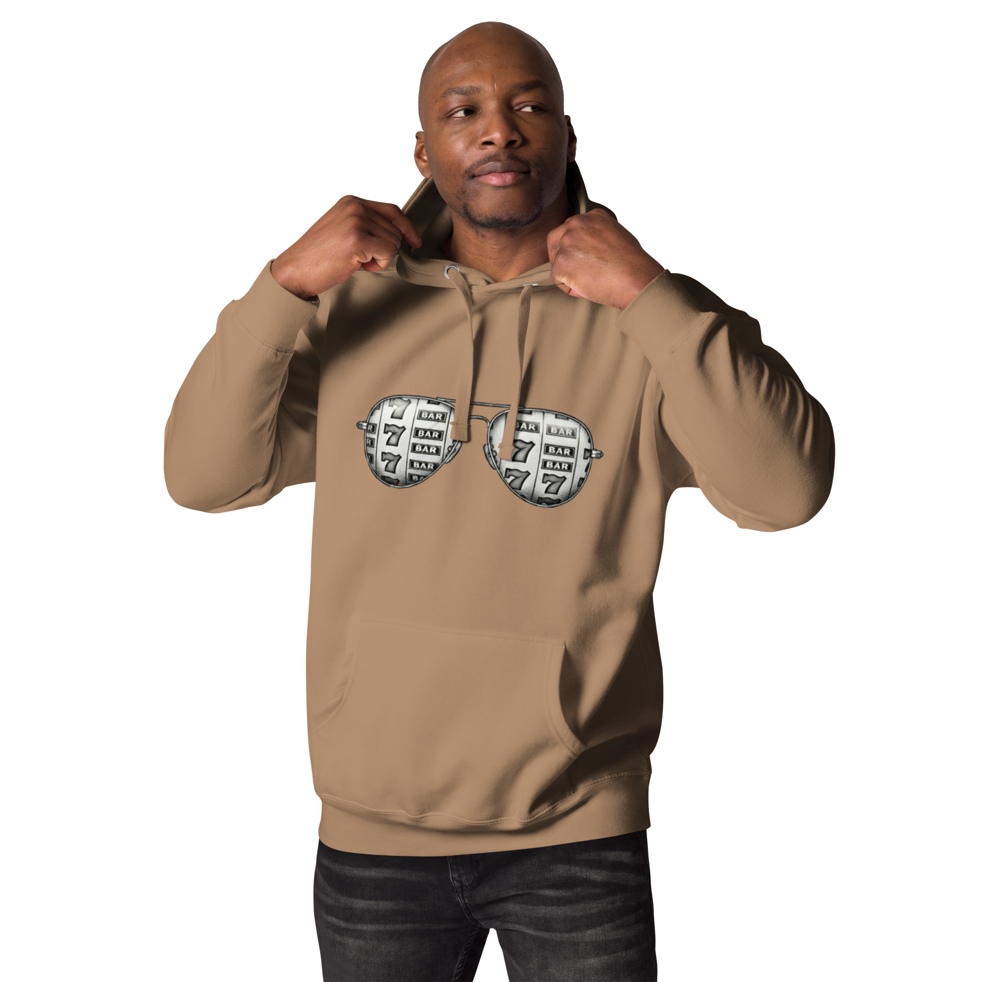 Man wearing tan hoodie with slot machine sunglasses design, perfect for casino lovers and players