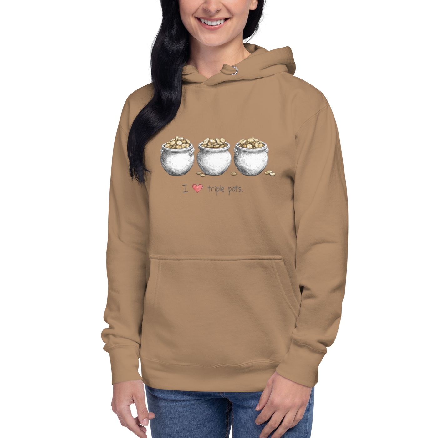 Tan hoodie with 'I ❤️ triple pots' graphic, featuring three pots of gold coins, perfect for slot lovers.