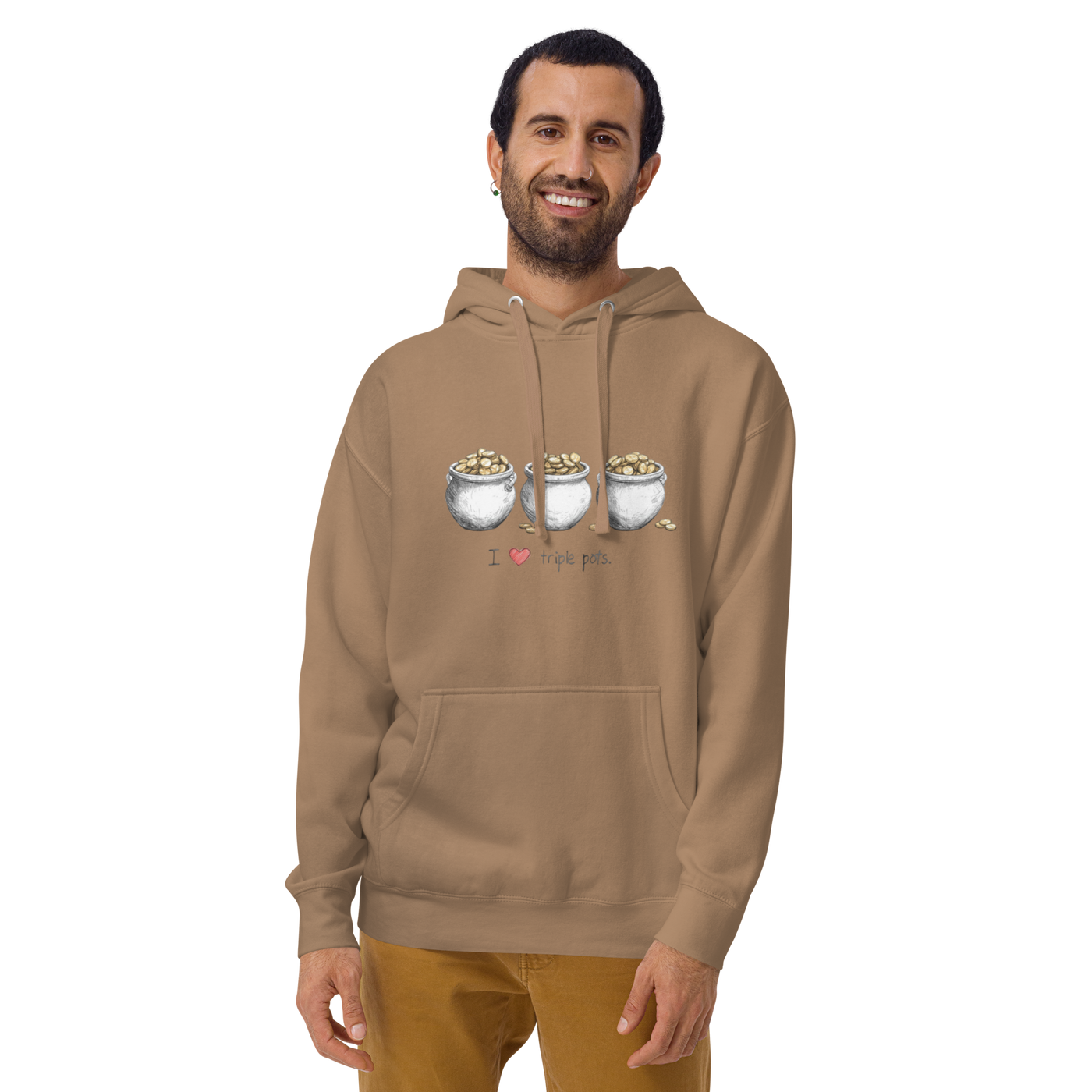 Man wearing brown hoodie with 'I ♥ triple pots' and three pots of gold design