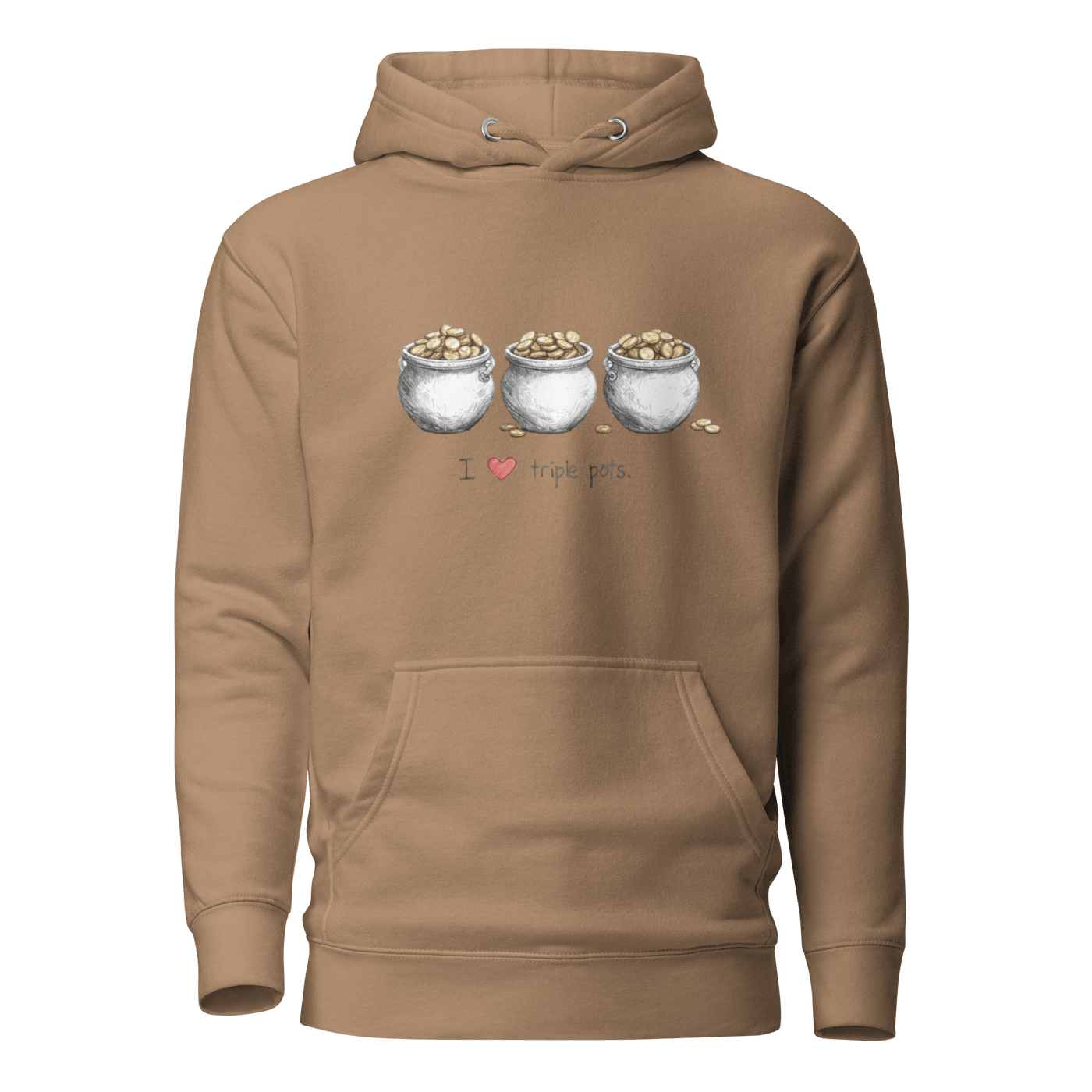 Brown hoodie with 'I ❤️ triple pots' and three coin-filled pots design
