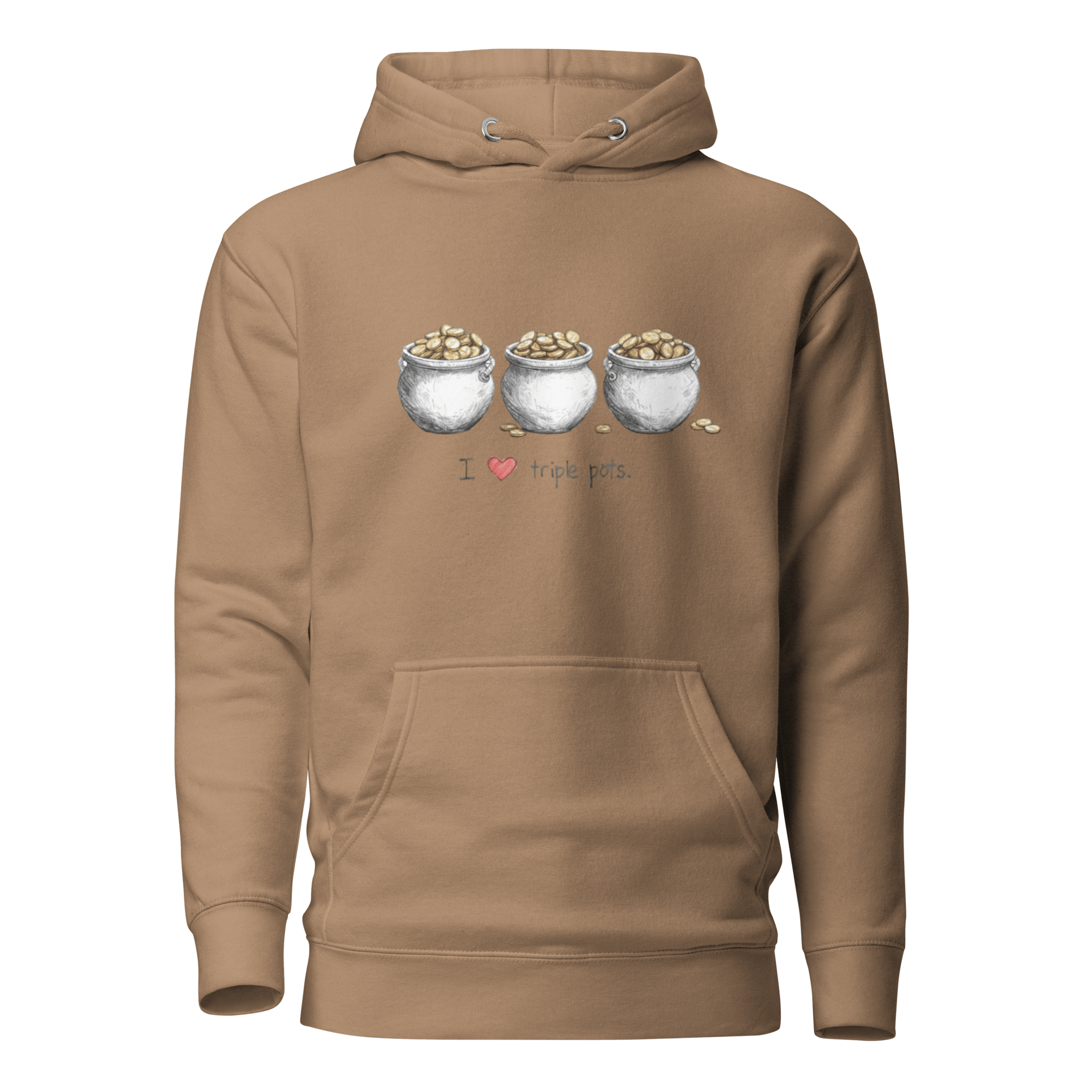 Brown hoodie with 'I ❤️ triple pots' and three coin-filled pots design