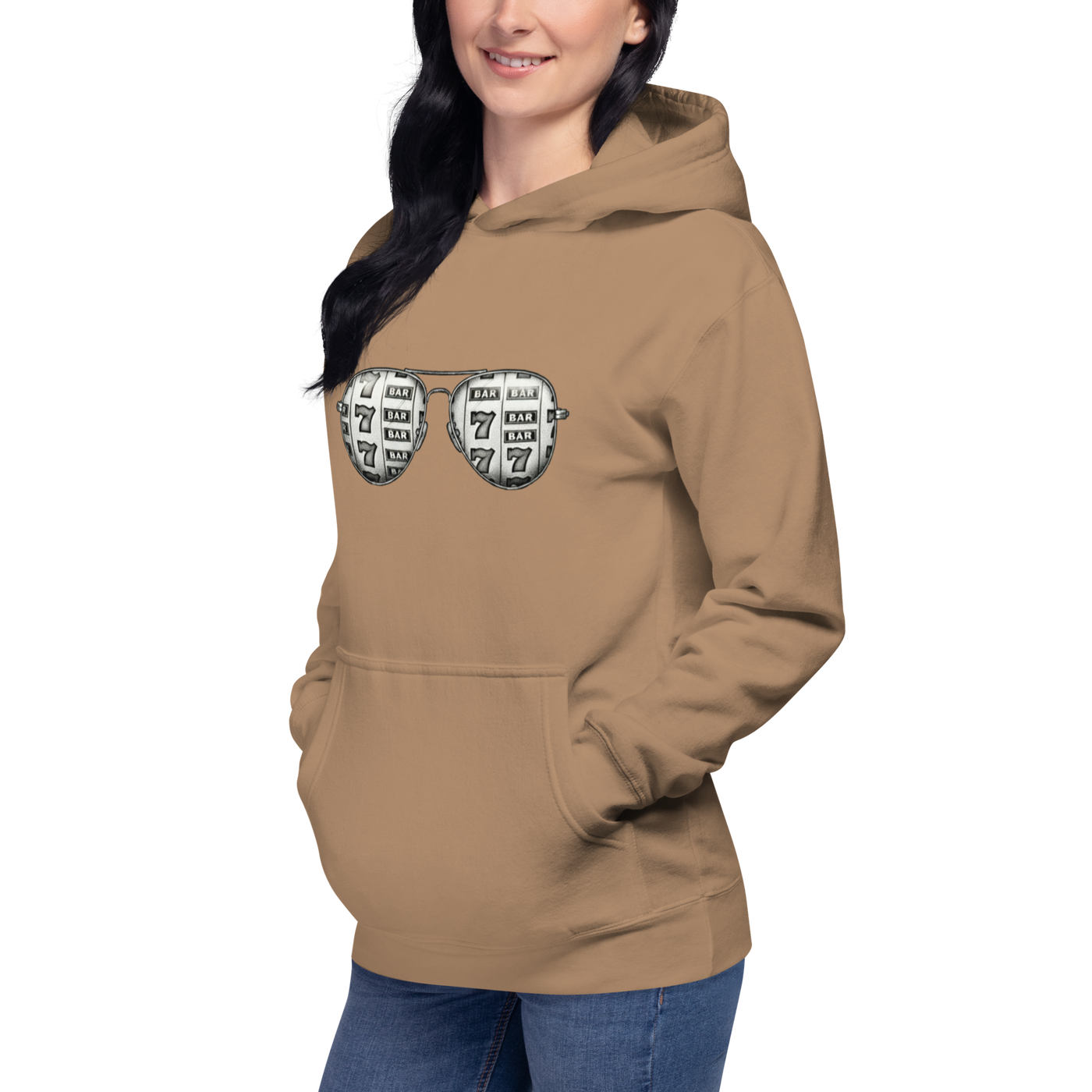 Tan hoodie with slot machine sunglasses graphic, perfect for casino lovers and gaming fans