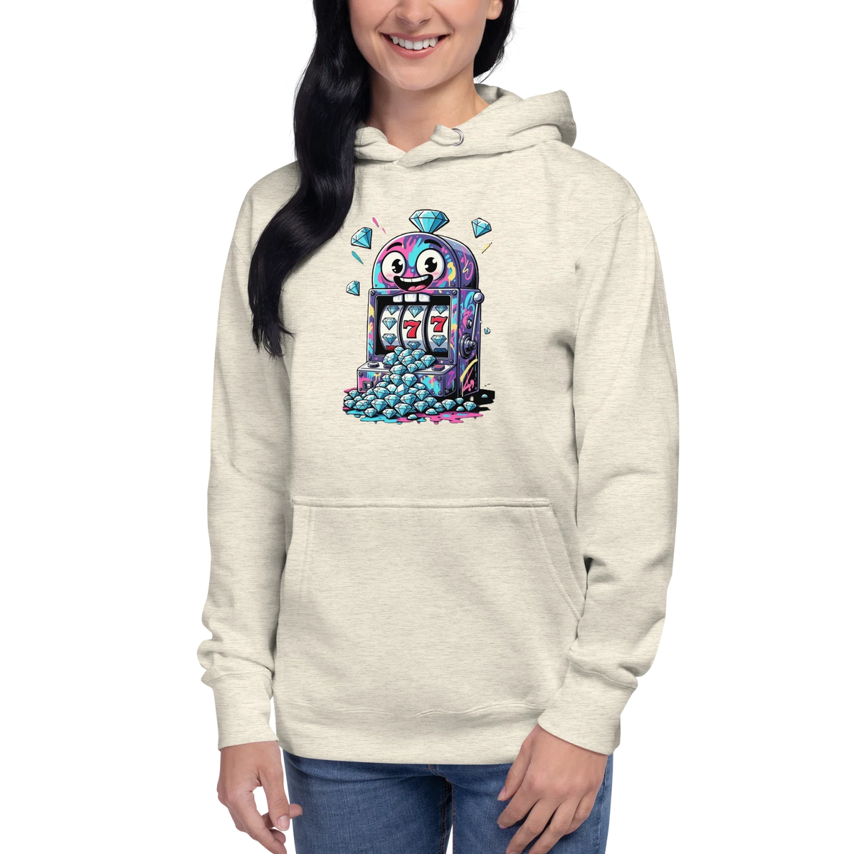 Quirky slot machine hoodie with colorful diamonds and lucky 7s design