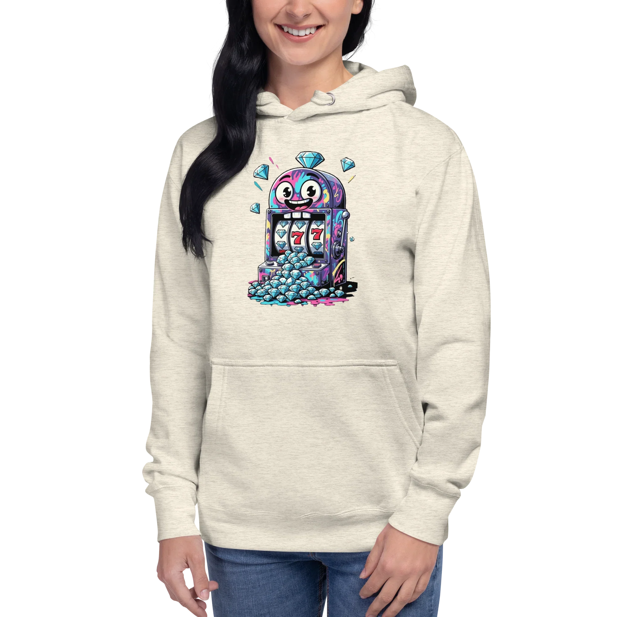 Quirky slot machine hoodie with colorful diamonds and lucky 7s design