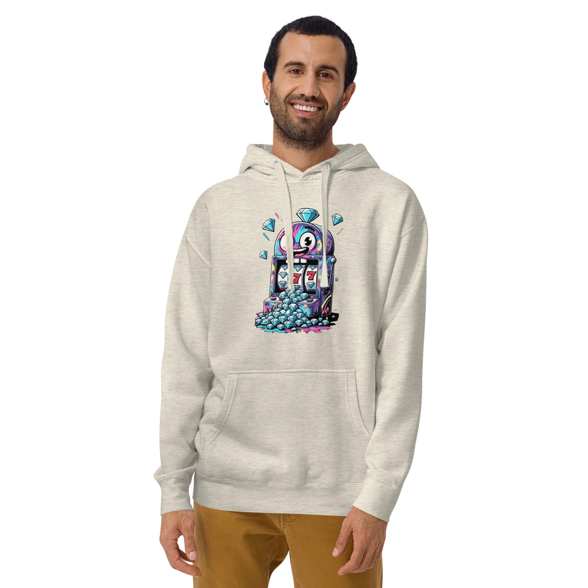 Man wearing slot machine hoodie with 777 and diamond graphics, quirky casino-themed apparel