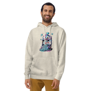 Man wearing slot machine hoodie with 777 and diamond graphics, quirky casino-themed apparel