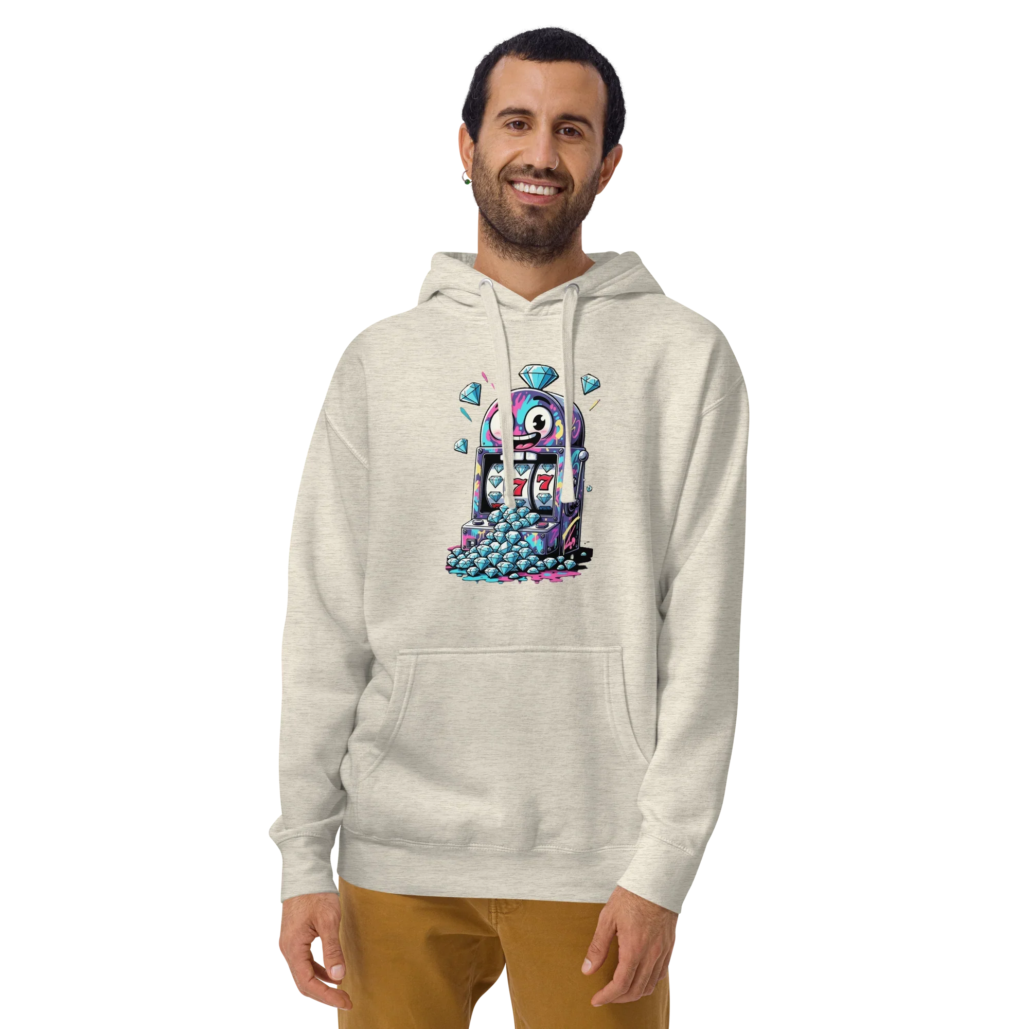 Man wearing slot machine hoodie with 777 and diamond graphics, quirky casino-themed apparel