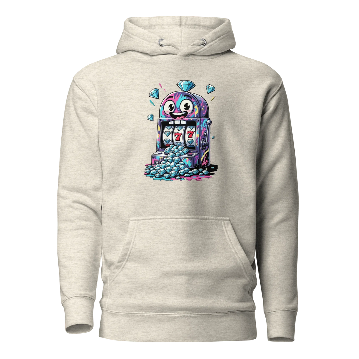 Quirky slot machine hoodie with 777 design and diamond graphics for players