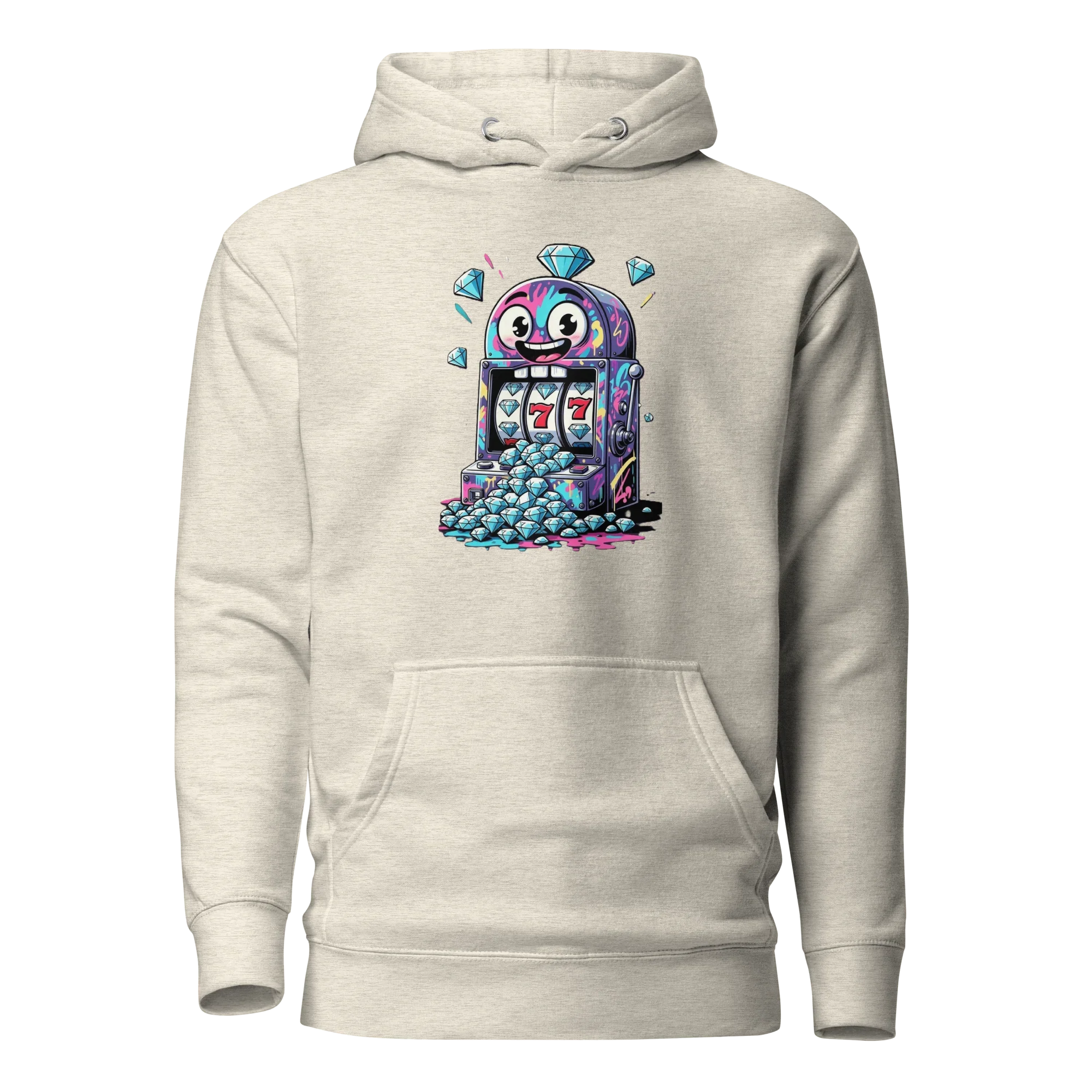 Quirky slot machine hoodie with 777 design and diamond graphics for players