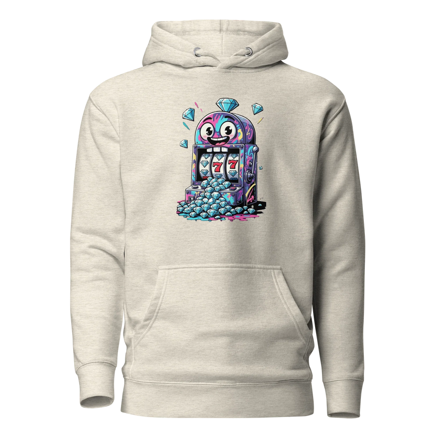 Quirky slot machine hoodie with 777 design and diamond graphics for players