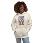 Woman wearing hoodie with blue robot and 777 slot design, quirky gaming apparel