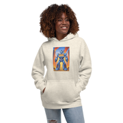 Woman wearing hoodie with blue robot and 777 slot design, quirky gaming apparel