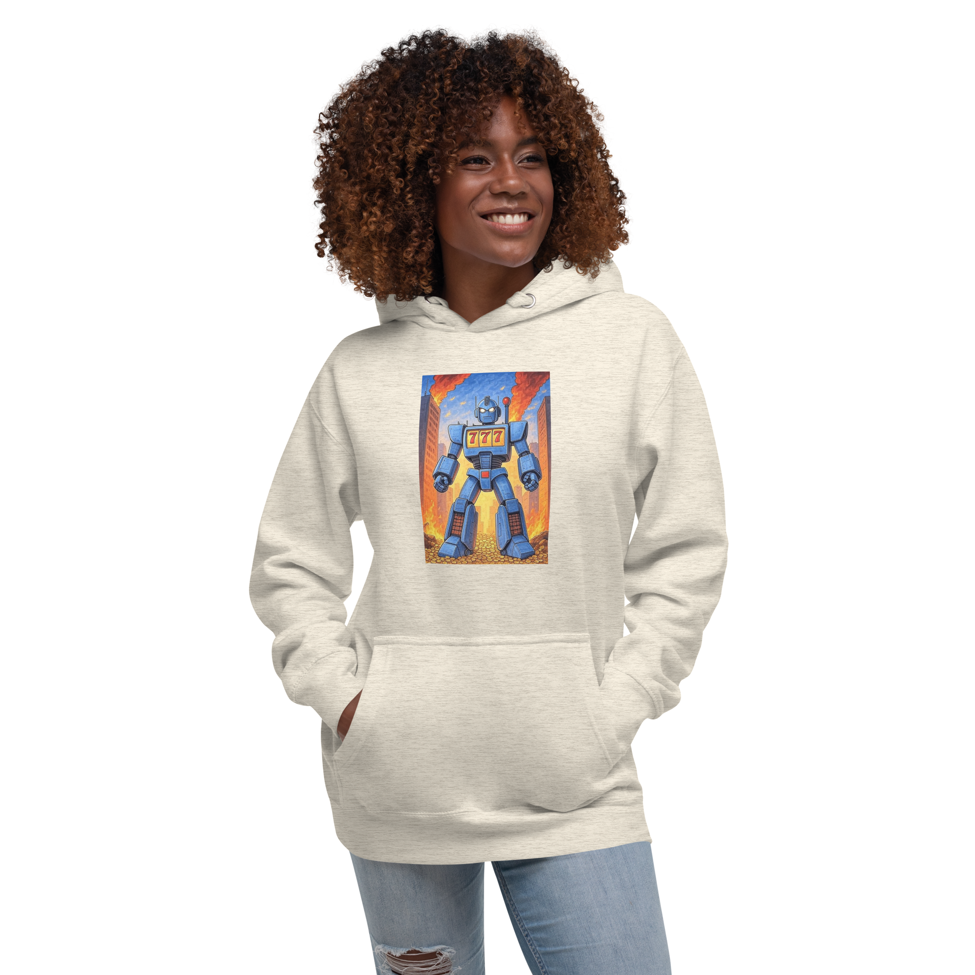 Woman wearing hoodie with blue robot and 777 slot design, quirky gaming apparel